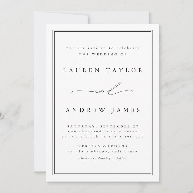 Invitación Boda Lineado Clásico Negro y Blanco Moderno (Anverso)