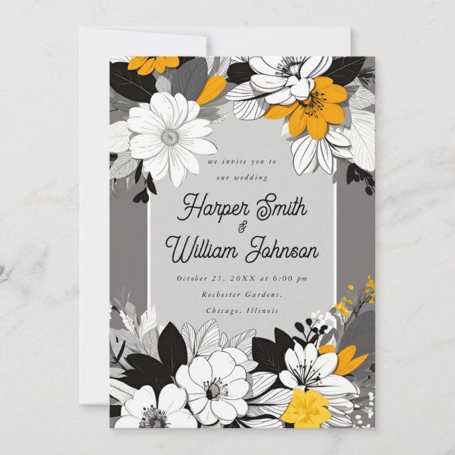 Invitación Boda lineal floral negro, blanco, amarillo (Anverso)