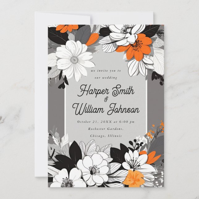 Invitación Boda lineal floral negro, blanco, naranja (Anverso)