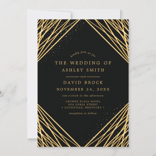 Invitación Boda Líneas Abstractas Geométricas Oro Negro (Anverso)