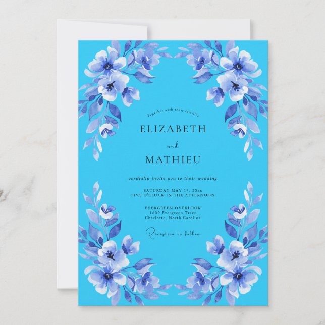 Invitación Boda lírica flor de cielo azul (Anverso)