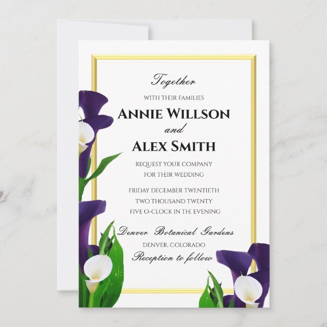 Invitación Boda Lirio Morado y Blanco Calla (Anverso)