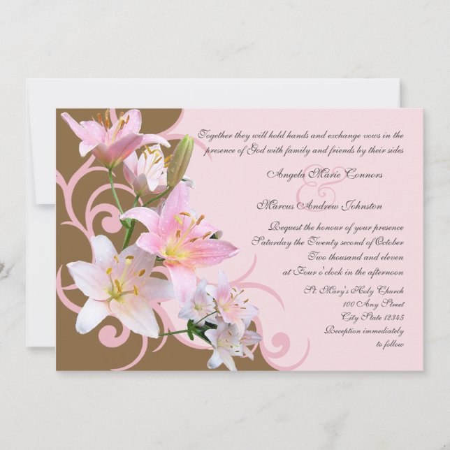 Invitación Boda Lirio Rosa y Marrón (Anverso)