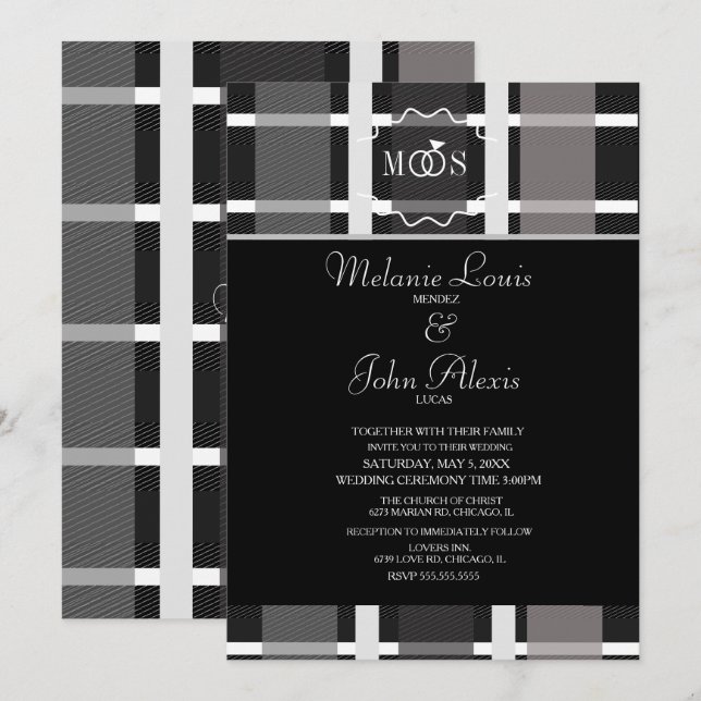 Invitación Boda Logo Anillo Gris Negro Blanco Cuadros Moderno (Anverso / Reverso)