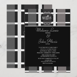 Invitación Boda Logo Anillo Gris Negro Blanco Cuadros Moderno