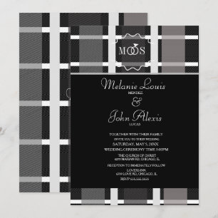 Invitación Boda Logo Anillo Gris Negro Blanco Cuadros Moderno