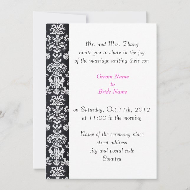Invitación boda, los padres de Groom invitan a damasco negro (Anverso)
