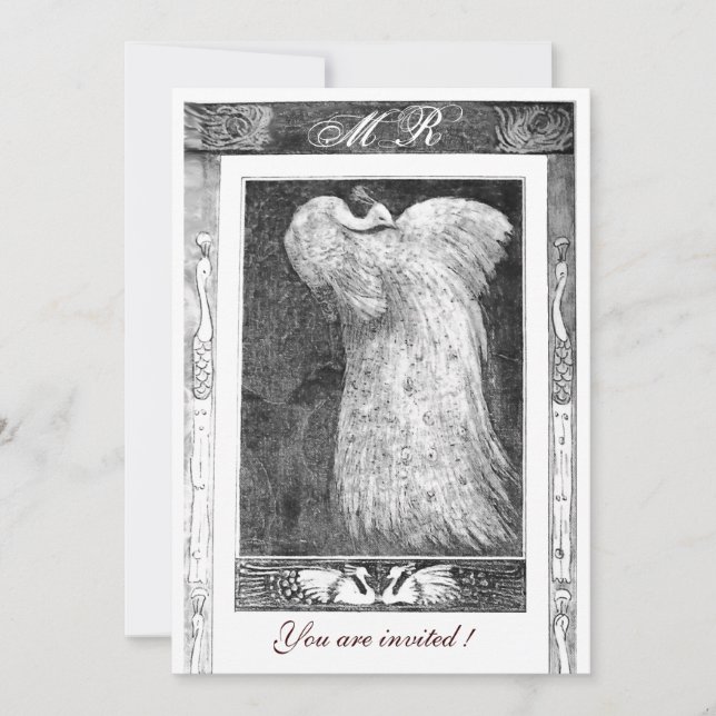 Invitación BODA LOVE PEACOCK MONOGRAM, negro y blanco (Anverso)
