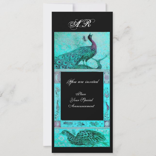 Invitación BODA LOVE PEACOCKS MONOGRAM azul negro (Anverso)
