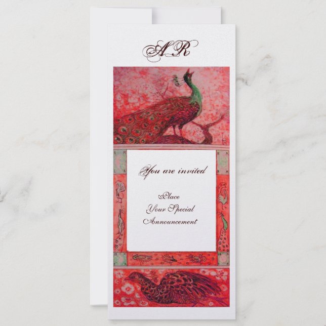 Invitación BODA LOVE PEACOCKS MONOGRAM hielo rojo metálico (Anverso)