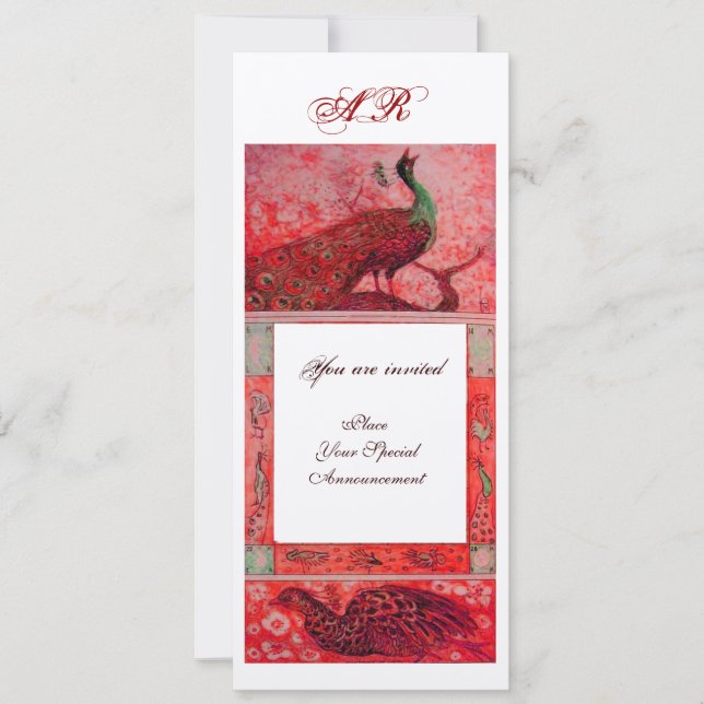 Invitación BODA LOVE PEACOCKS MONOGRAM metal plateado rojo (Anverso)