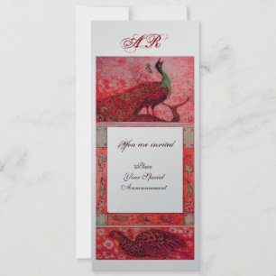 Invitación BODA LOVE PEACOCKS MONOGRAM metal plateado rojo