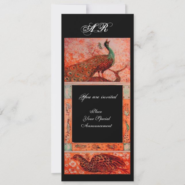 Invitación BODA LOVE PEACOCKS MONOGRAM naranja negro rojo (Anverso)