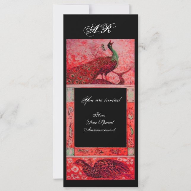 Invitación BODA LOVE PEACOCKS MONOGRAM negro rojo (Anverso)