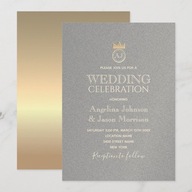 Invitación Boda Lujo Monograma de Plata y Oro (Anverso / Reverso)