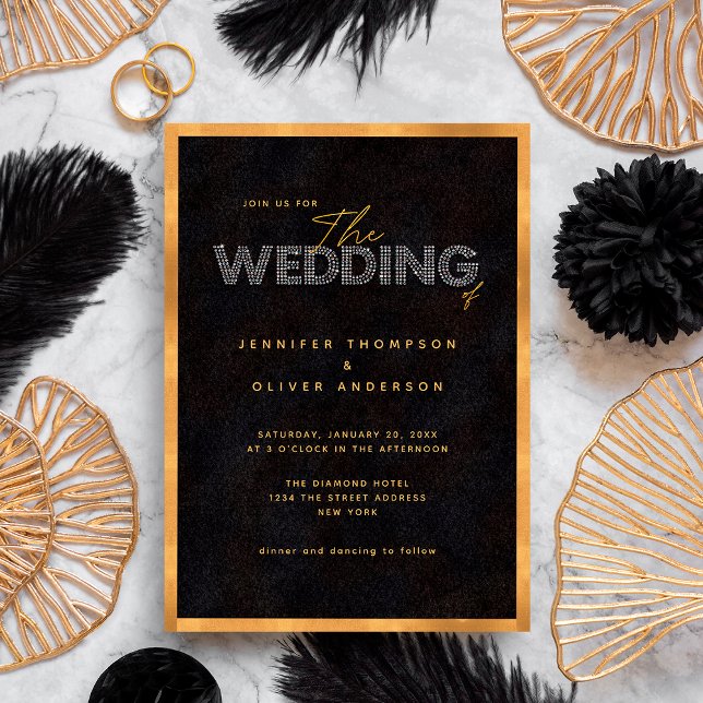 Invitación Boda Lujosa Chic Moderna Negra y Dorada (Front)