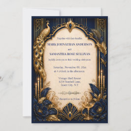 Invitación Boda lujosa gatsby pavo real dorado de la marina