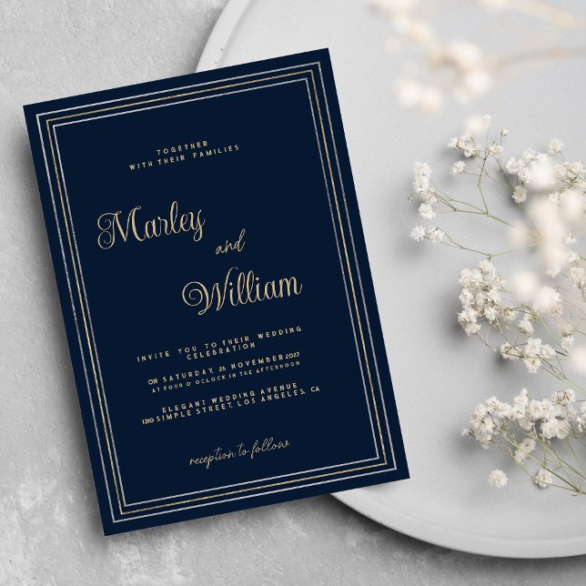 Invitación Boda lujoso de plata dorada azul marino minimalist (Luxury minimalist navy blue gold silver Wedding )
