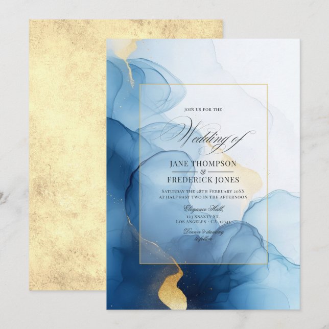 Invitación Boda lujoso de tinta azul y dorada (Anverso / Reverso)