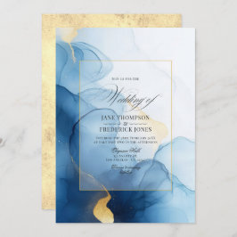 Invitación Boda lujoso de tinta azul y dorada