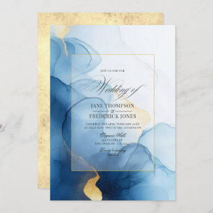 Invitación Boda lujoso de tinta azul y dorada