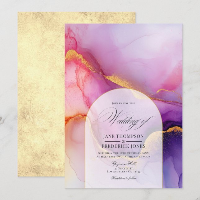 Invitación Boda lujoso de tinta morada y dorada (Anverso / Reverso)