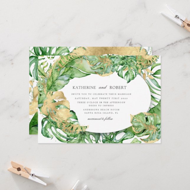 Invitación Boda lujoso del follaje tropical dorado (Anverso/Reverso In Situ)