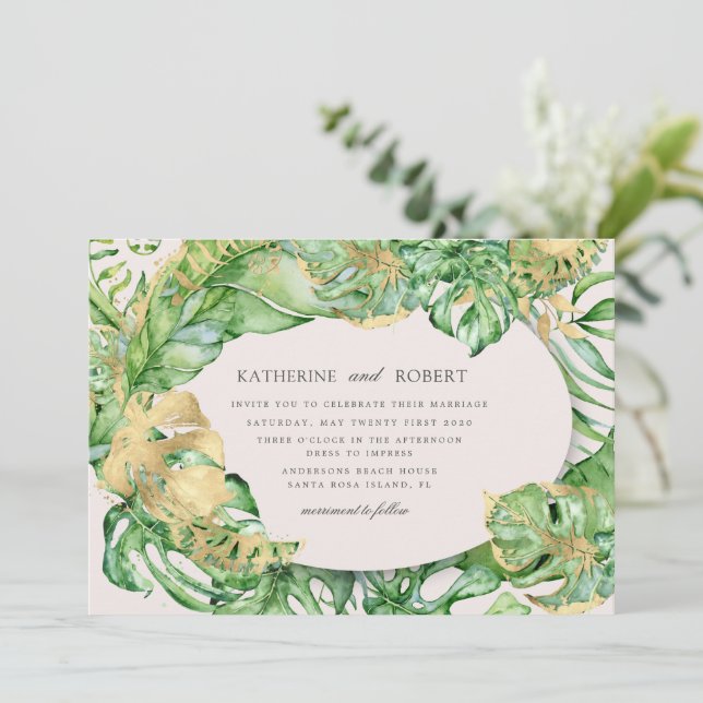 Invitación Boda lujoso del follaje tropical dorado (Anverso de pie)
