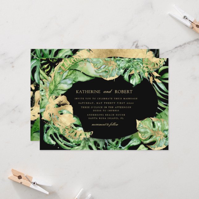 Invitación Boda lujoso del follaje tropical dorado (Anverso/Reverso In Situ)