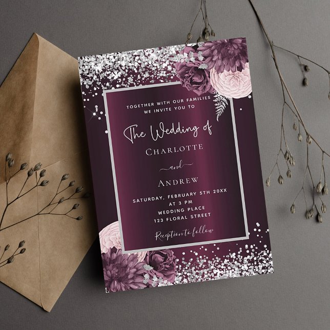 Invitación Boda lujoso elegante y florido de plata de Borgoña (Subido por el creador)