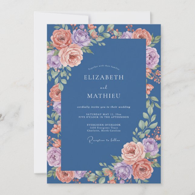 Invitación Boda luminosa de primavera azul marino (Anverso)