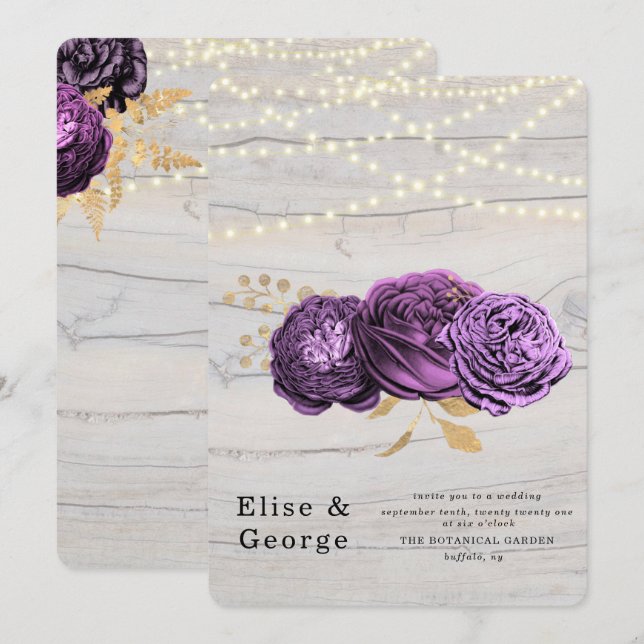 Invitación Boda Luminoso Purple Floral Wood String Lights (Anverso / Reverso)