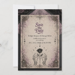 Invitación Boda Luna Calavera Rosa Medieval Púrpura Gótica