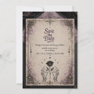 Invitación Boda Luna Calavera Rosa Medieval Púrpura Gótica