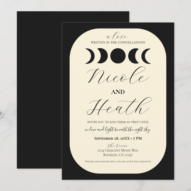 Invitación Boda Lunar Luxe Black & Cream Moon Phase (Anverso / Reverso)