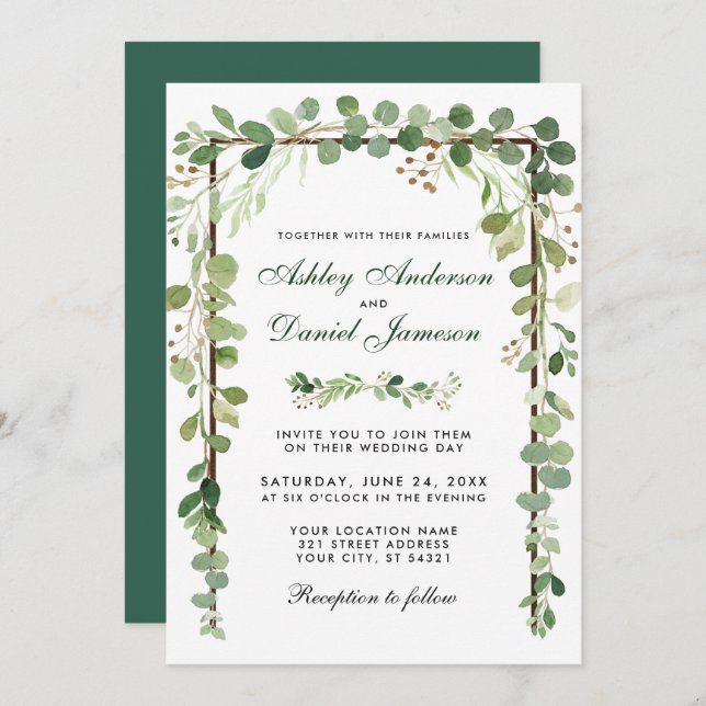 Invitación Boda Madera Botánica Eucalyptus Verde (Anverso / Reverso)