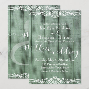 Invitación Boda Madera Verde Rústica con Labor de Ganchillo B
