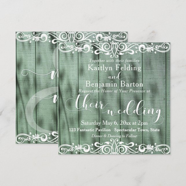 Invitación Boda Madera Verde Rústica Trabajo de Rollo Blanco  (Anverso / Reverso)