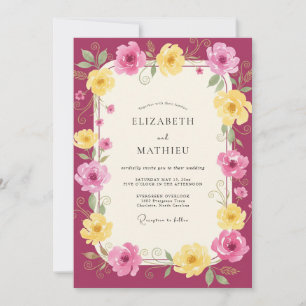 Invitación Boda Magenta Amarillo Ranunculus Eucalipto Silenci