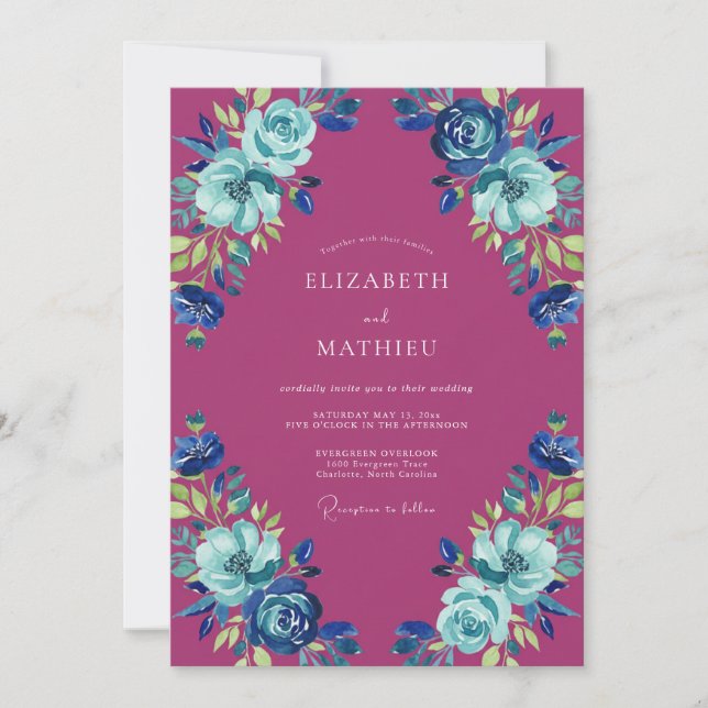 Invitación Boda Magenta Azure Ranunculus Eucalipto (Anverso)