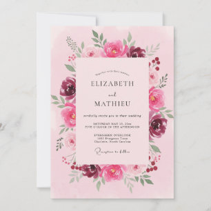 Invitación Boda Magenta Borgoña Ranunculus Eucalipto