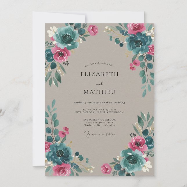 Invitación Boda Magenta Ciano Ranunculus Eucalipto (Anverso)