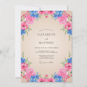 Invitación Boda Magenta Cobalto Ranunculus Eucalipto