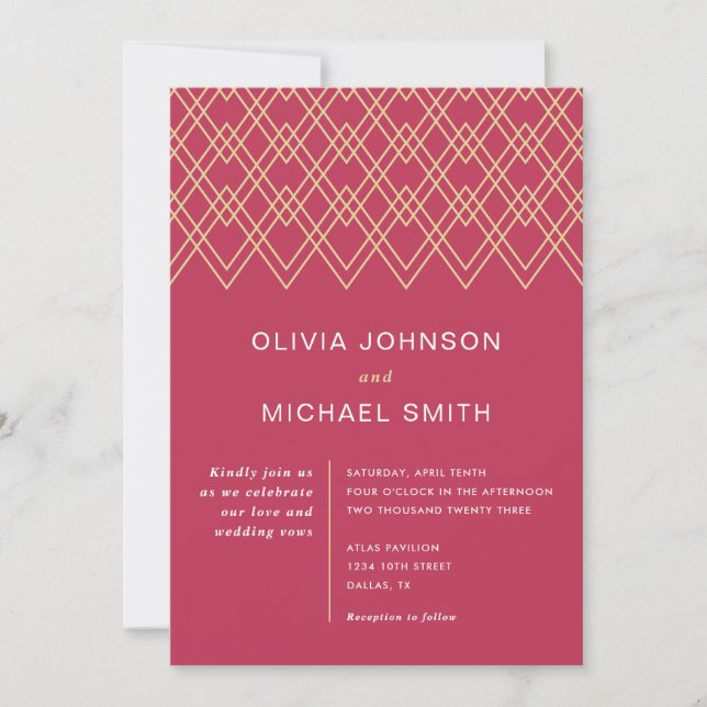 Invitación Boda Magenta de diamantes geométricos (Anverso)