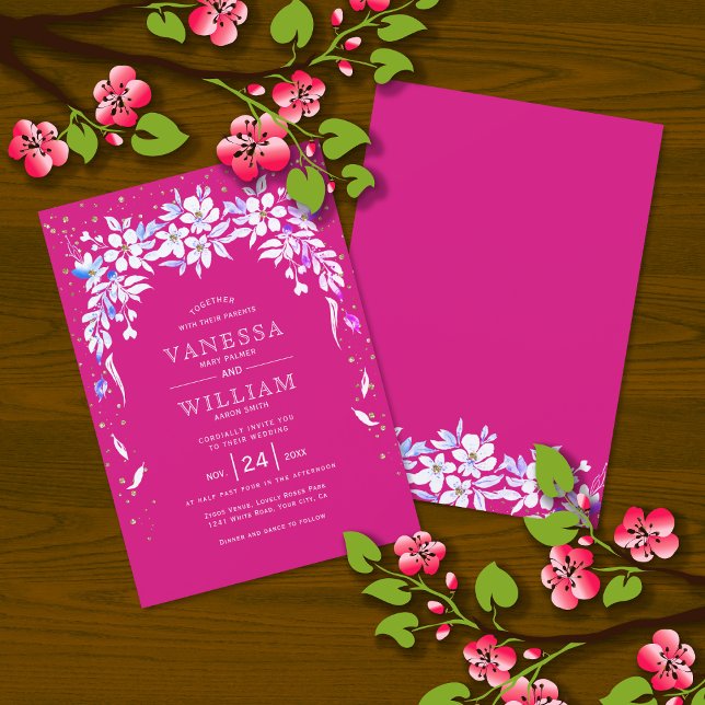 Invitación Boda magenta de garland con cascada de flores blan (Subido por el creador)