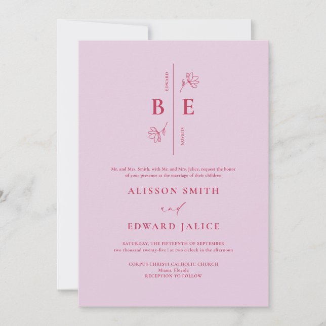 Invitación Boda Magenta de lavanda Escudo monograma moderno (Anverso)
