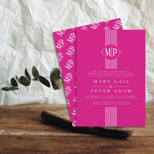 Invitación Boda magenta de rayas blancas e iniciales (Subido por el creador)