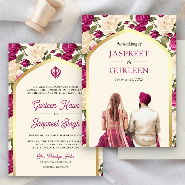 Invitación Boda Magenta Floral Punjabi Anand Karaj Sikh (Subido por el creador)