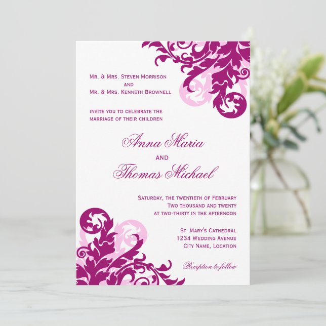 Invitación Boda Magenta Flourish (Anverso de pie)