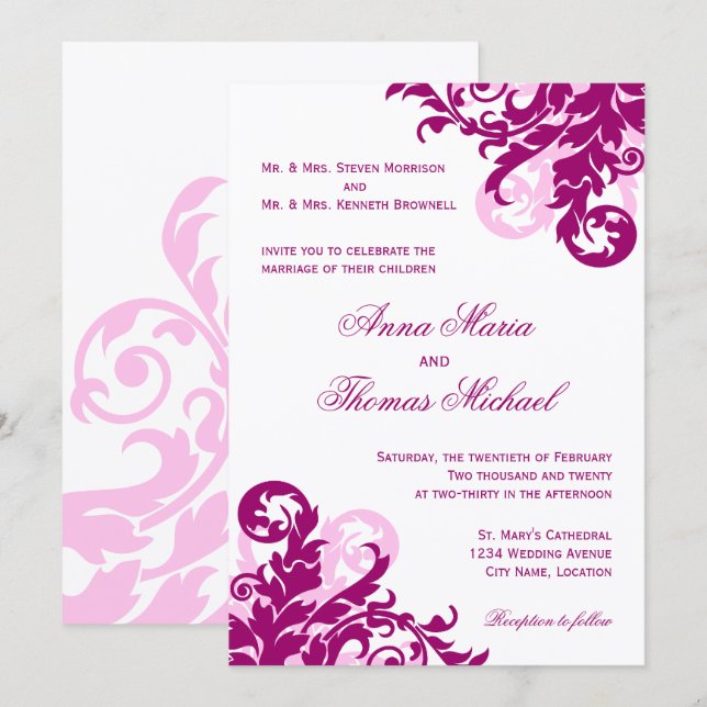 Invitación Boda Magenta Flourish (Anverso / Reverso)